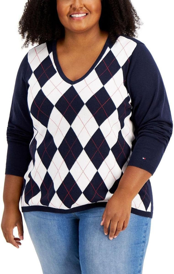 Tommy Hilfiger Womens Plus Argyle Cotton V-Neck Sweater Navy 0X