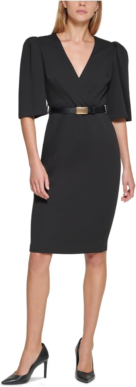 Calvin Klein Womens Black Stretch Zippered Belted Darted Slitted Pouf Sleeve Surplice Neckline Knee Length Wear to Work Sheath Dress Petites 4P