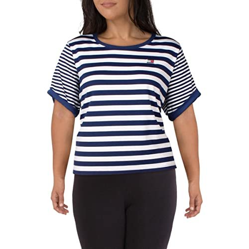 Tommy Hilfiger Sport Womens Plus Striped Colorblock Pullover Top Navy 2X