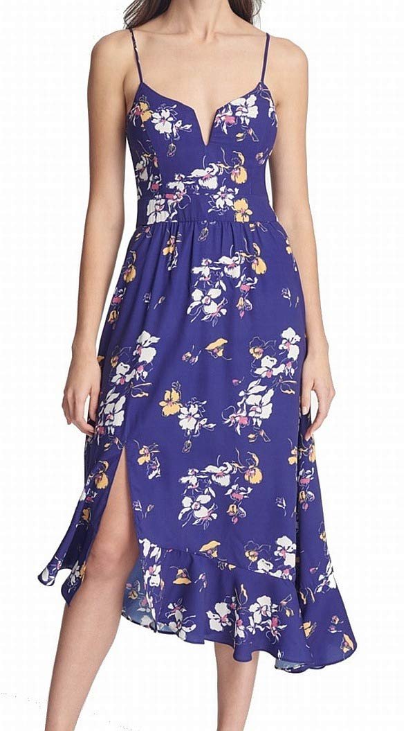 GUESS Womens Floral Asymmetric Midi Dress Blue 8