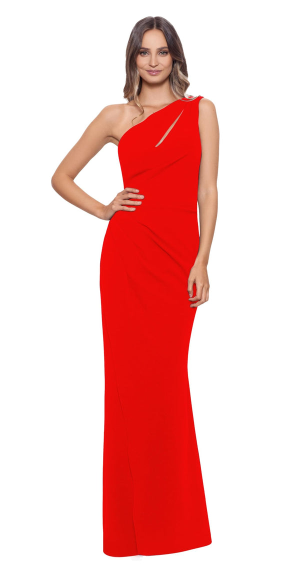 Betsy & Adam Women's Long Sleeveless One Shoulder Side Ruched Scuba Crepe Gown