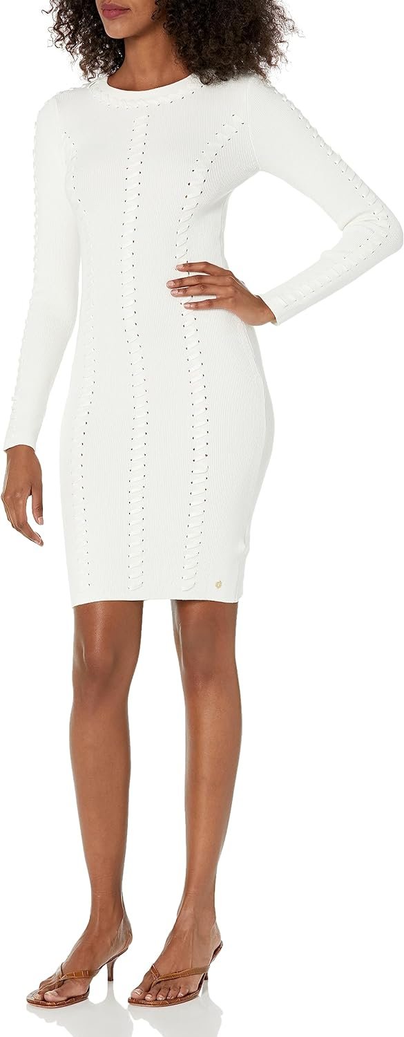 GUESS Women's Long Sleeve Letitia Suede Laced Rib Dress