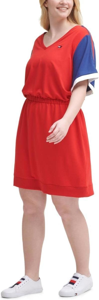 Tommy Hilfiger Sport Womens Plus Colorblock Short T-Shirt Dress Red 2X