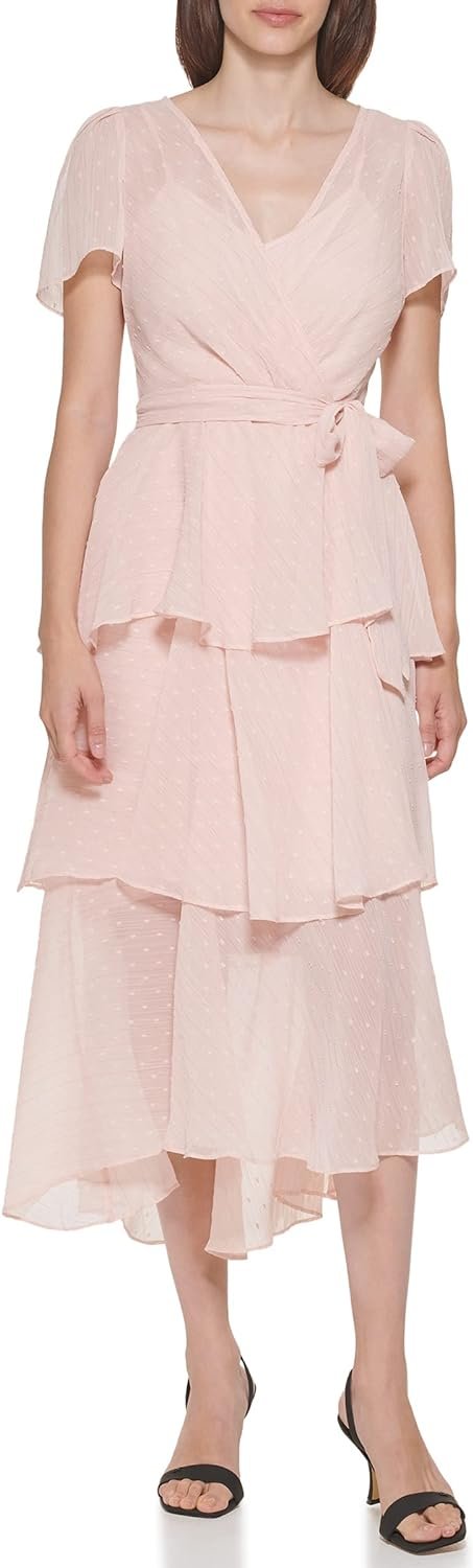 Calvin Klein Women's Maxi V-Neck Ruffle at Skirt Chiffon Dress