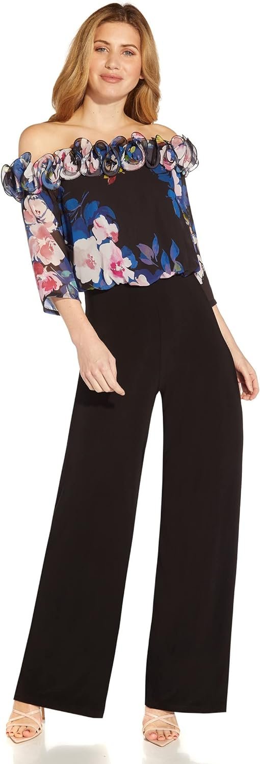 Adrianna Papell Floral Chiffon and Jersey Jumpsuit Black Multi 4