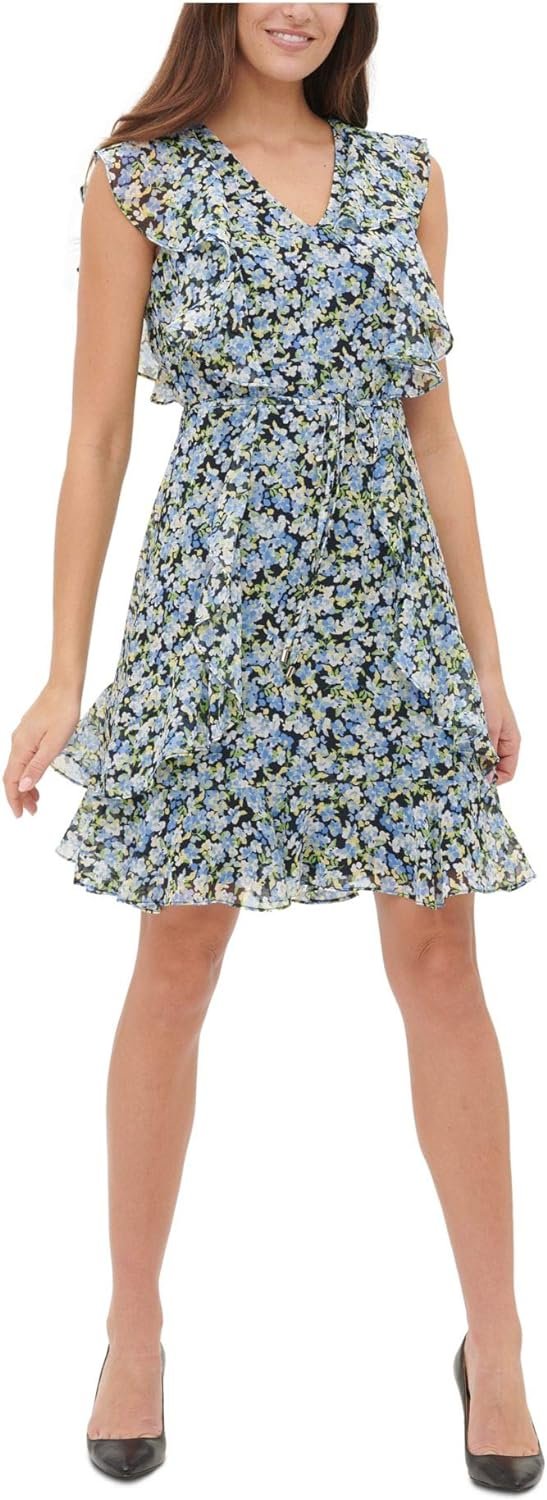 Tommy Hilfiger Womens Chiffon Floral Fit & Flare Dress Blue 6