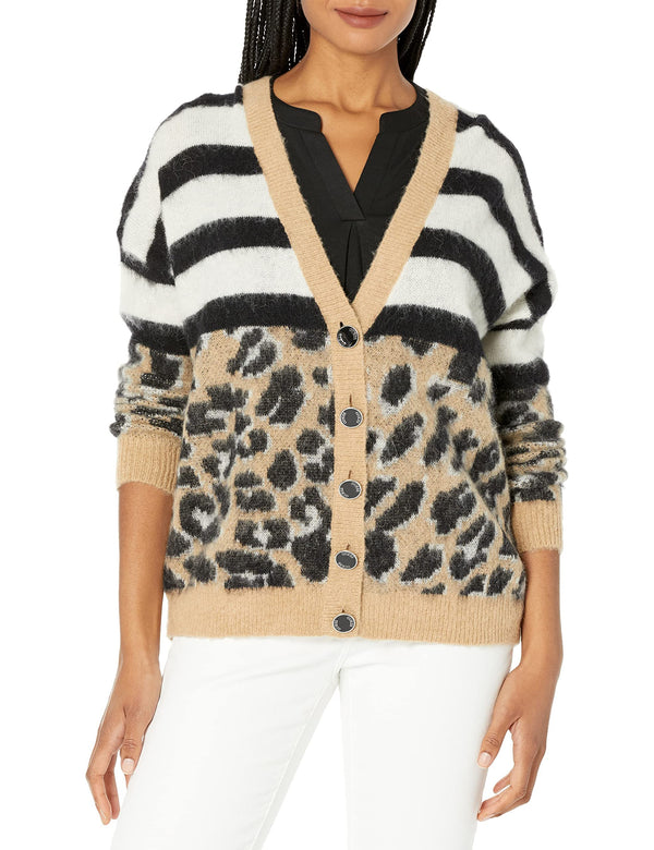 GUESS Women's Long Sleeve Jenna Cardigan Sweater, Black and Smoked Animalier, Extra Small