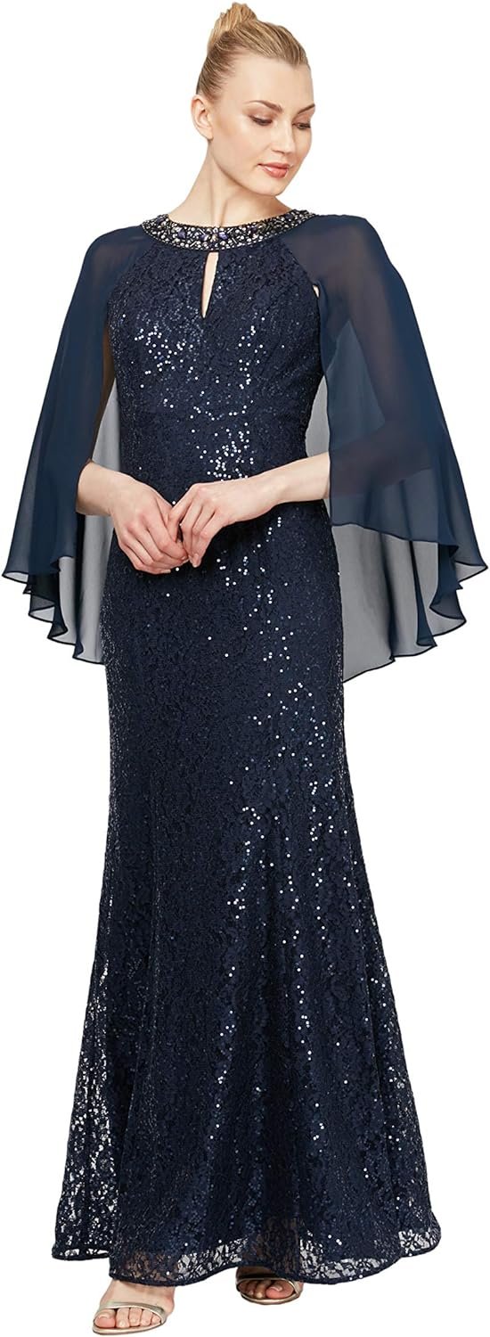 S.L. Fashions Women's Long Sequin Lace Gown with Capelet