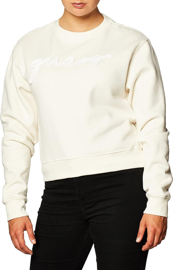 GUESS Factory Women's Amanda Logo Fleece Pullover Cream White