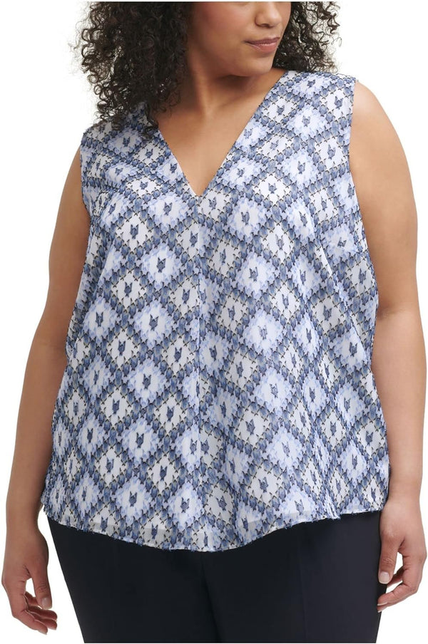 Calvin Klein Women's Blue Stretch Textured Printed Sleeveless V Neck Wear to Work Top