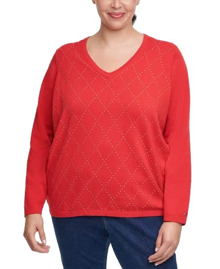 TOMMY HILFIGER Womens Red Cotton Embellished Argyle Long Sleeve V Neck Sweater Plus 1X