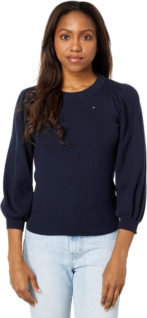 Tommy Hilfiger Womens Plus Cotton Puff Sleeve Crewneck Sweater Navy L