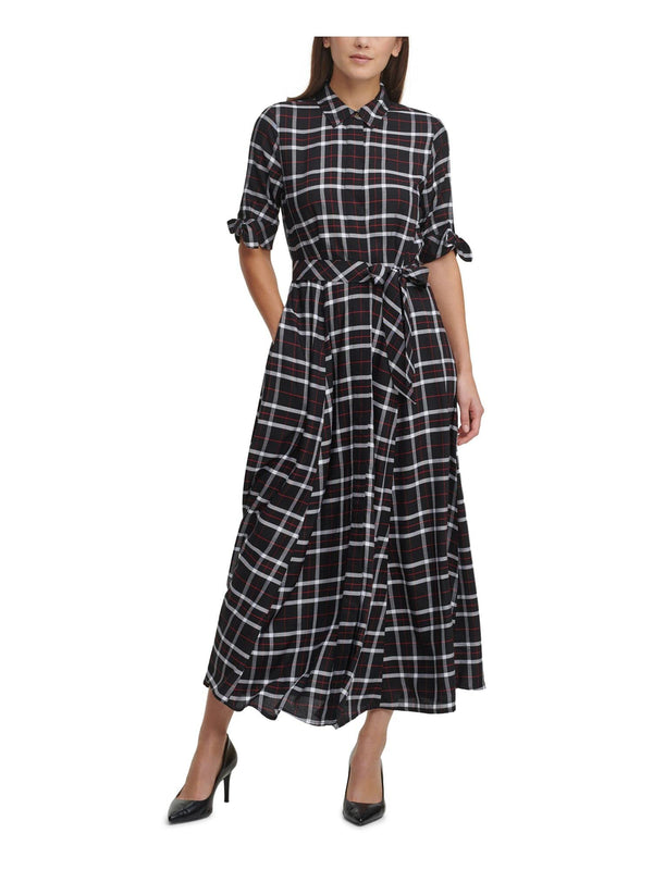 Calvin Klein Womens Black Tie Elbow Sleeves Plaid Collared Tea-Length Shirt Dress 6