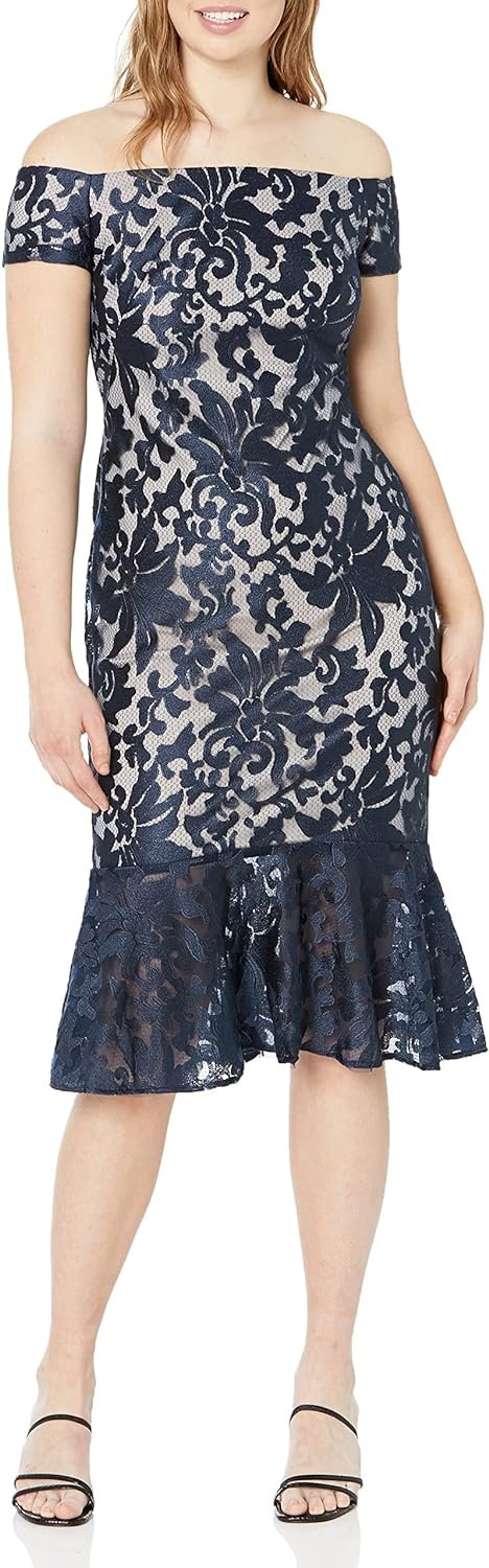 Calvin Klein Women's Off The Shoulder Sheath with Flounce Hem