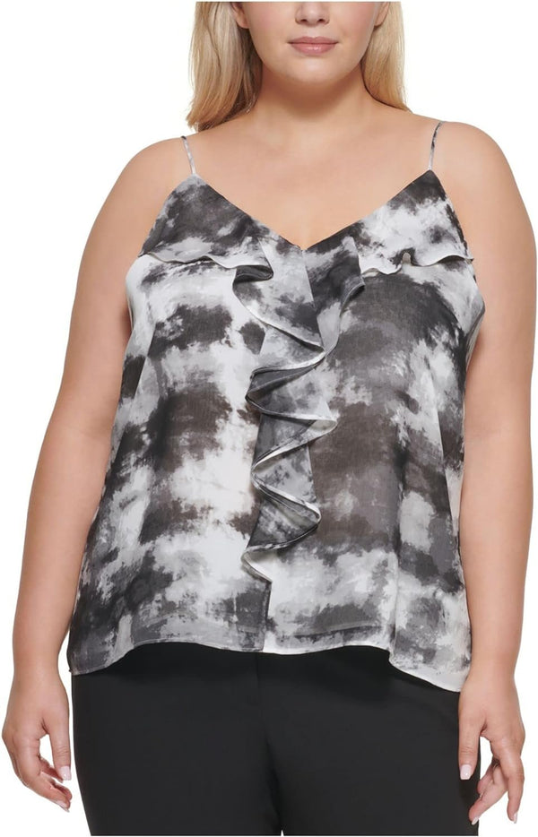 Calvin Klein Womens Plus Tie Dye Ruffled Cami B/W 2X Black