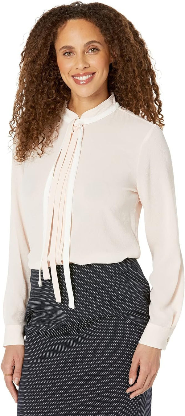 Tommy Hilfiger Womens Long Sleeve Blouse with Neck Tie Powder/Ivory SM (US 4-6)