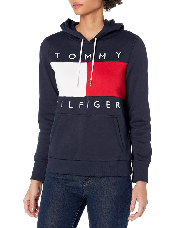 Tommy Hilfiger Women's Standard Colorblock Hooded Sweatshirt, Sky Captain, 1X