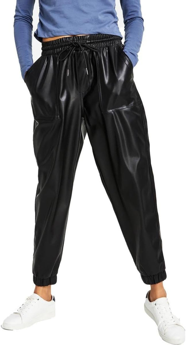 Tommy Jeans Womens Faux Leather High Rise Jogger Pants Black S