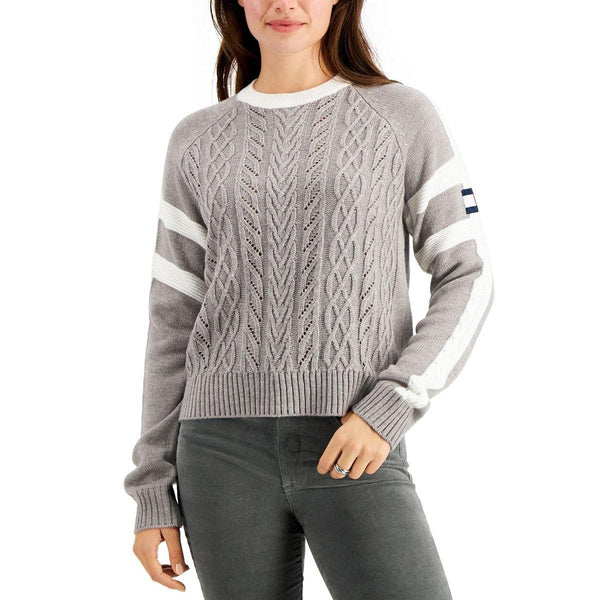 Tommy Hilfiger Womens Cable Knit Striped Crewneck Sweater Gray XL