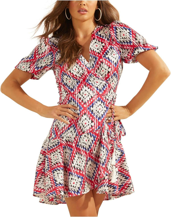 GUESS Womens Red Ruffled Tie Printed Pouf Surplice Neckline Short Faux Wrap Dress S