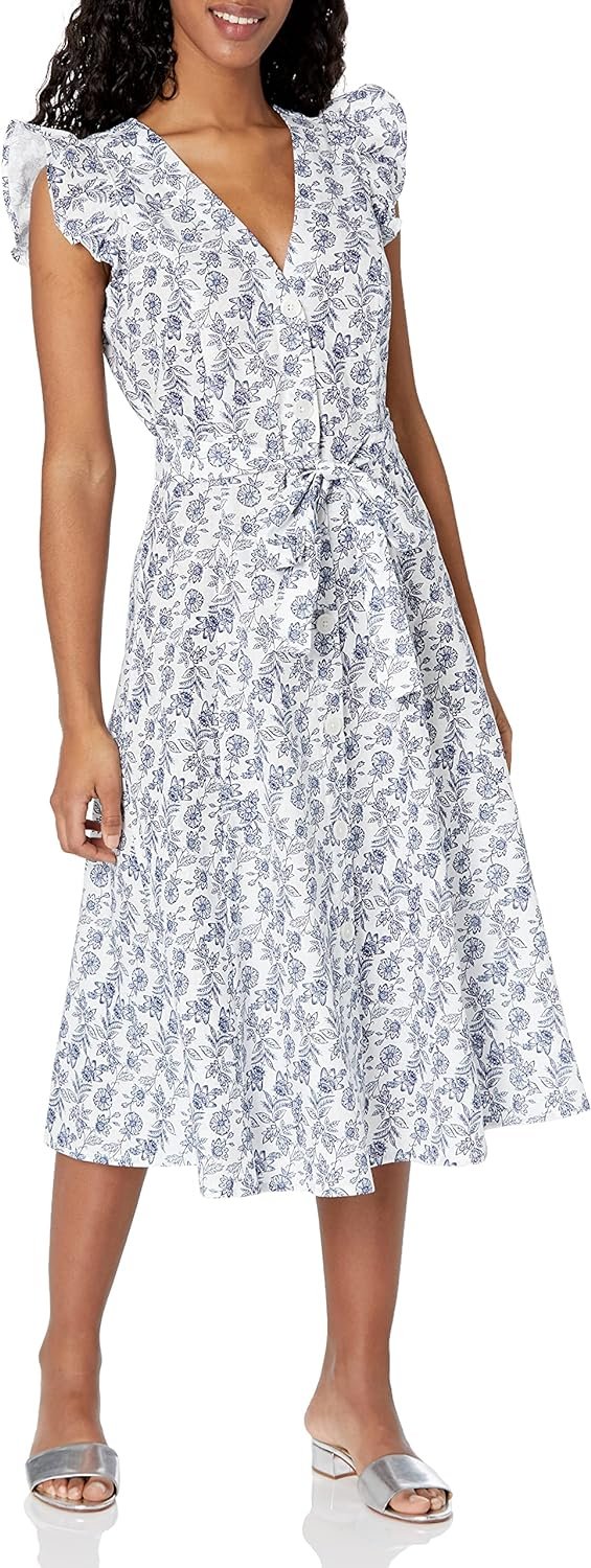 Tommy Hilfiger Womens Floral Ruffled Midi Dress, Blue, 10