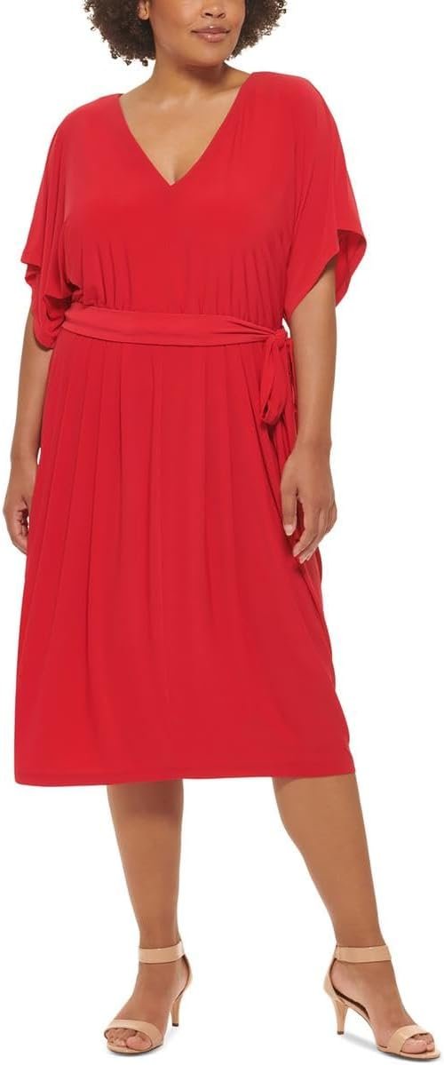 Tommy Hilfiger Womens Plus Cocktail Midi Fit & Flare Dress Red 16W