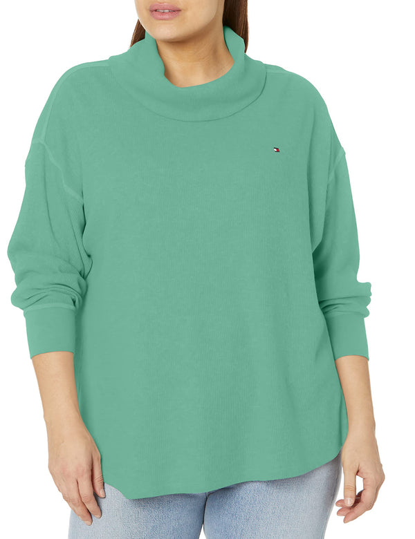 Tommy Hilfiger Women's Long Sleeve Waffle Turtleneck Top, Crème de Menthe, 2X