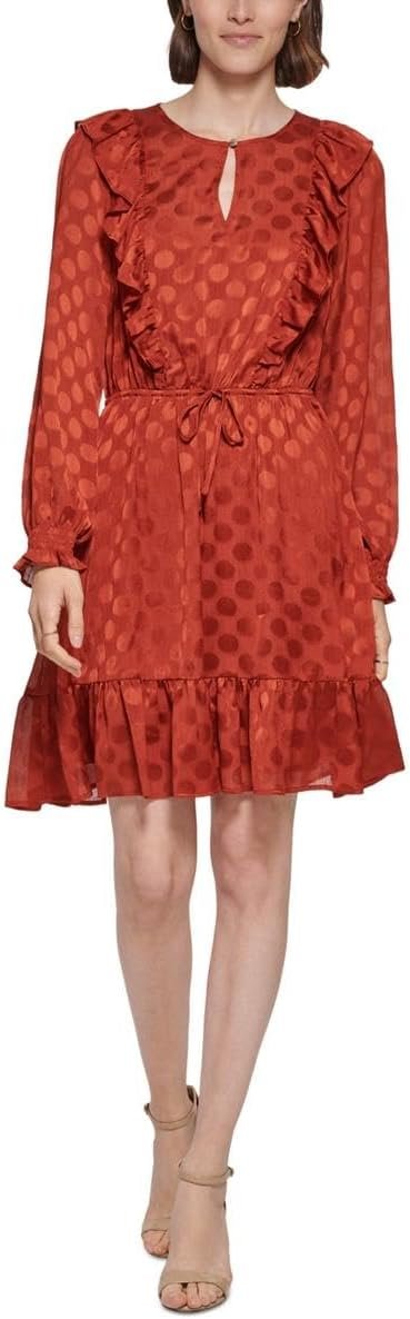 Tommy Hilfiger Womens Dotted Short Mini Dress Orange 10