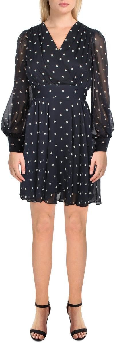 Tommy Hilfiger Womens Petites Chiffon Polka Dot Fit & Flare Dress Navy 4P