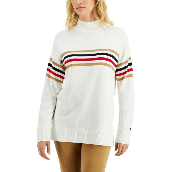 Tommy Hilfiger Womens Striped Dropdown Shoulders Mock Turtleneck Sweater Ivory S