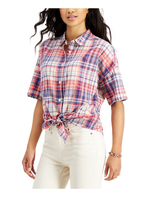 Tommy Hilfiger Womens Yasmine Plaid Cuffed Button-Down Top Multi L