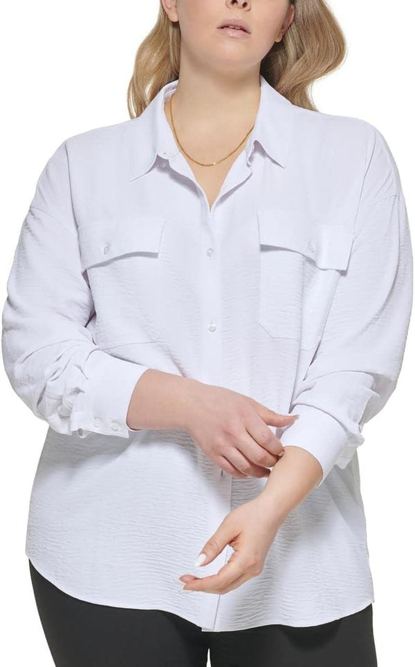 Calvin Klein Womens Plus Collared Adjustable Sleeve Button-Down Top White 1X