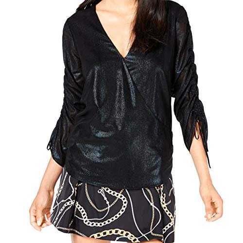 Guess Women's Long Jewel Foil Chiffon Shirred Sleeve Top, Jet Black a, XS