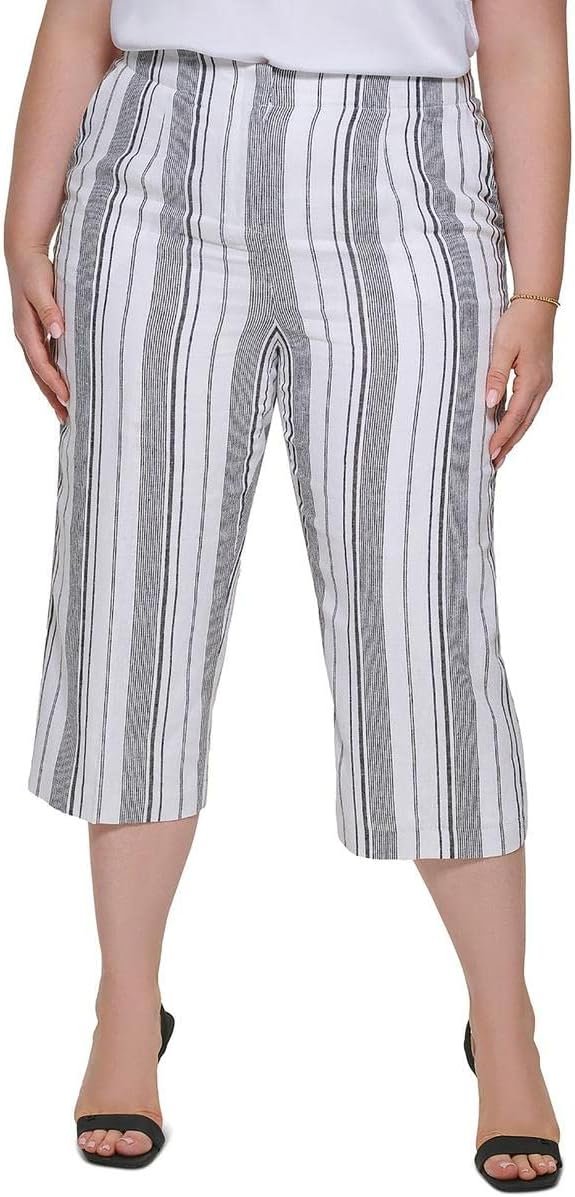 Calvin Klein Womens Plus Cropped Striped Wide Leg Pants White 24W