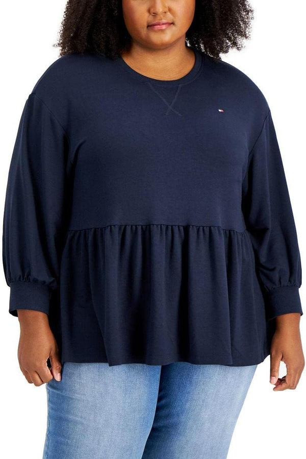 Tommy Hilfiger Womens Plus Ribbed Trim Pullover Peplum Top