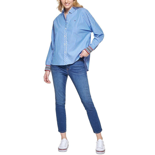 Tommy Hilfiger Womens Cotton Hi Low Button-Down Top Blue M