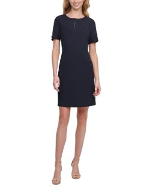 Tommy Hilfiger Womens Navy Zippered Short Sleeve Keyhole Short Cocktail Shift Dress Petites 12P