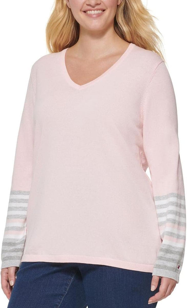 Tommy Hilfiger Womens Plus V-Neck Striped Pullover Sweater Pink 1X