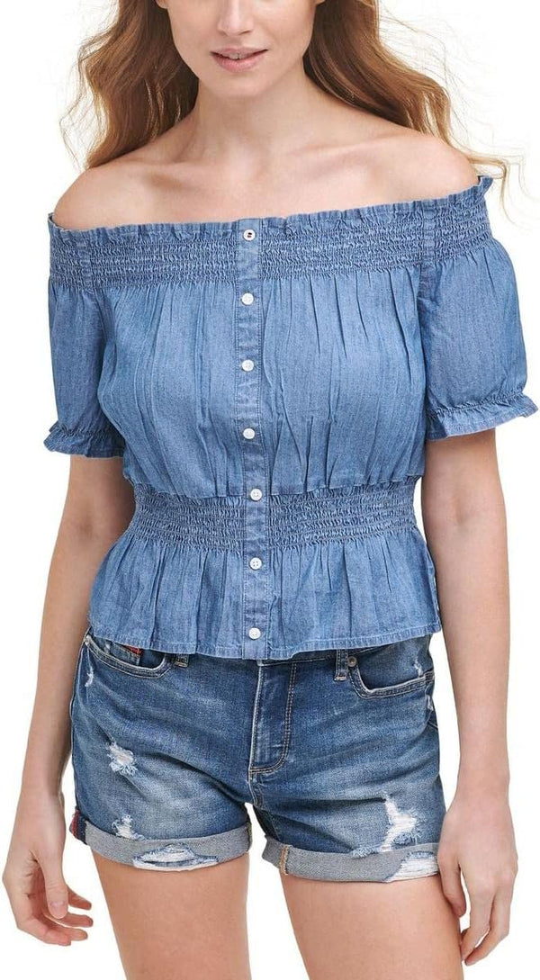 Tommy Jeans Womens Denim Smocked Blouse Blue M