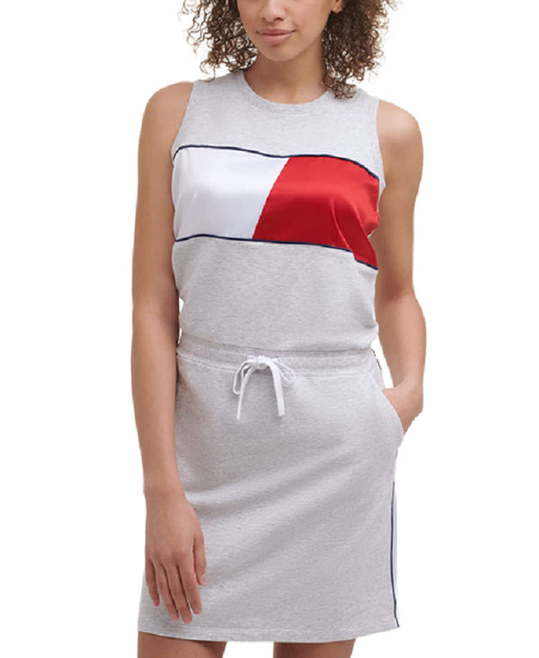 Tommy Hilfiger Women's Sleeveless Flag Dress, White Stone Heather, Large