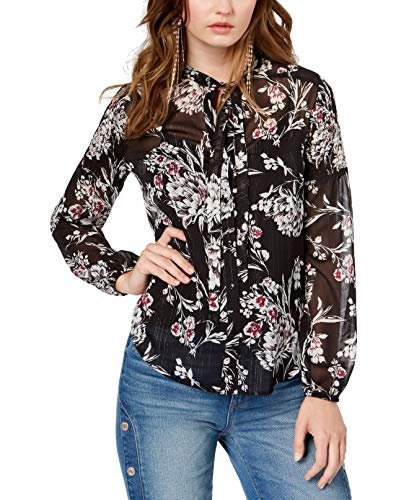 Guess Women's Long Rhodes Smocked Sleeve Top, Magnolia Night Print Jet Black, S