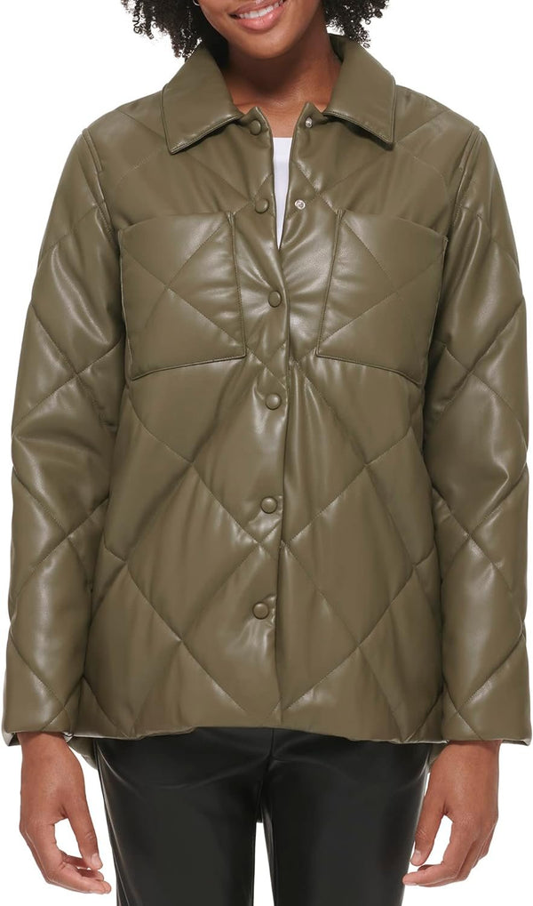 Calvin Klein Women's Faux Leather Button Front Quilted Jacket