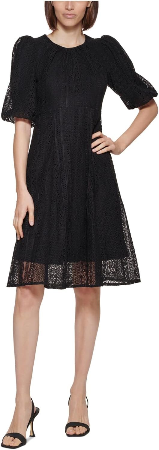 Calvin Klein Womens Black Zippered Textured Lace Lined Gathered Sheer Balloon Sleeve Round Neck Knee Length Fit + Flare Dress 2