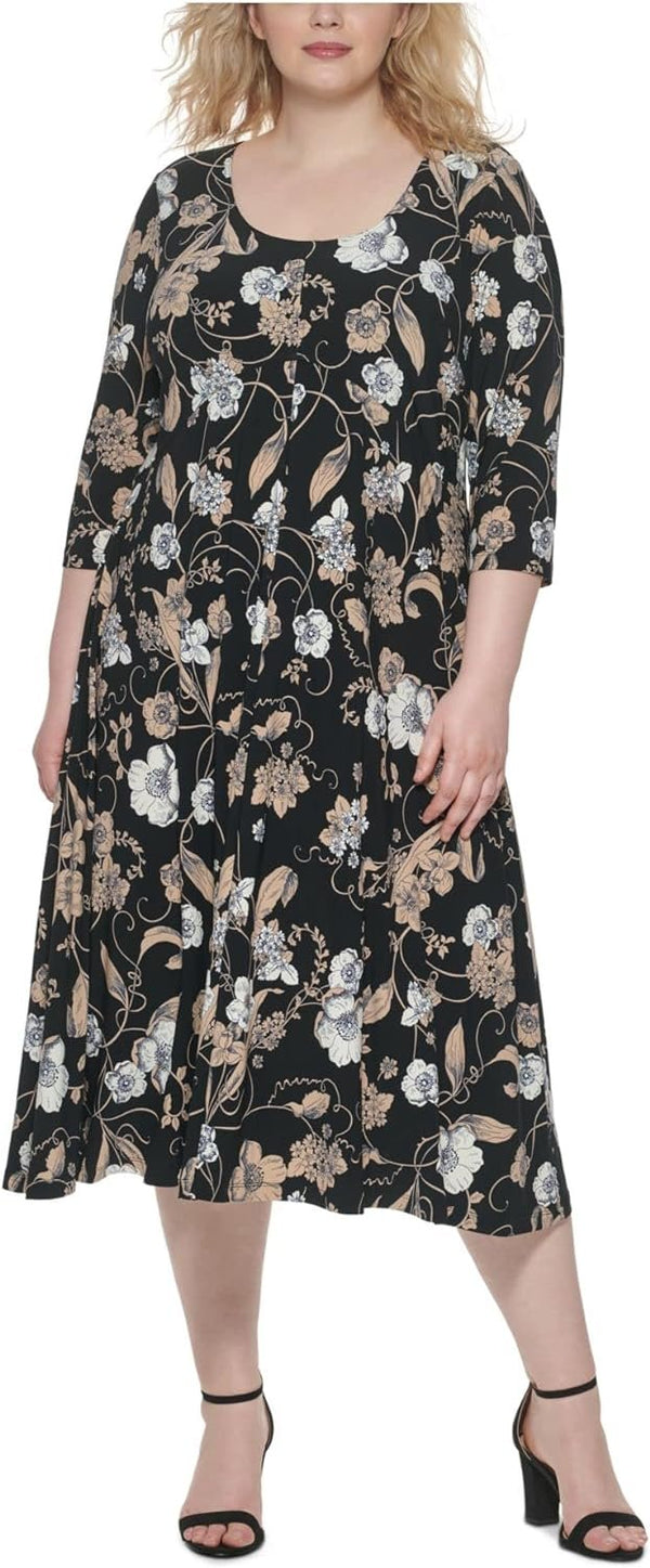 Tommy Hilfiger Womens Black Stretch Floral 3/4 Sleeve Scoop Neck Midi Wear to Work Shift Dress Plus 16W