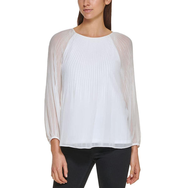 Calvin Klein Womens Chiffon Gathered Neck Pullover Top White L, white