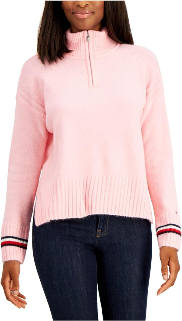 Tommy Hilfiger Womens 1/4 Zip Knit Mock Turtleneck Sweater Pink XL