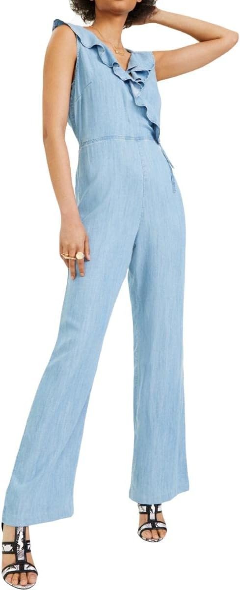 GUESS Womens Belted Surplice Jumpsuit Blue XS