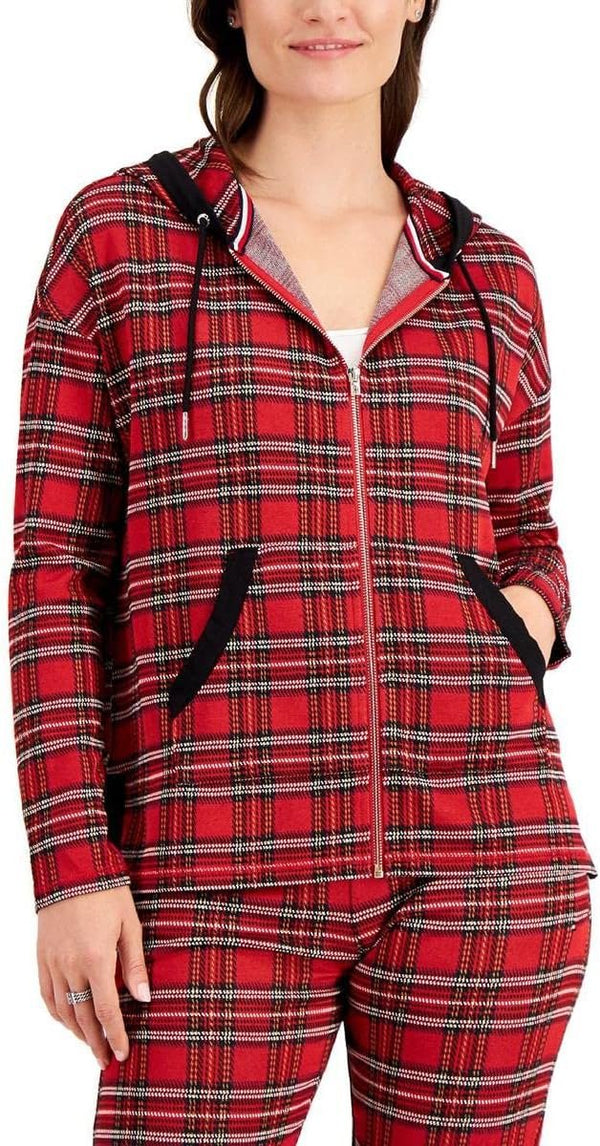 Tommy Hilfiger Womens Drawstring Plaid Zip Hoodie