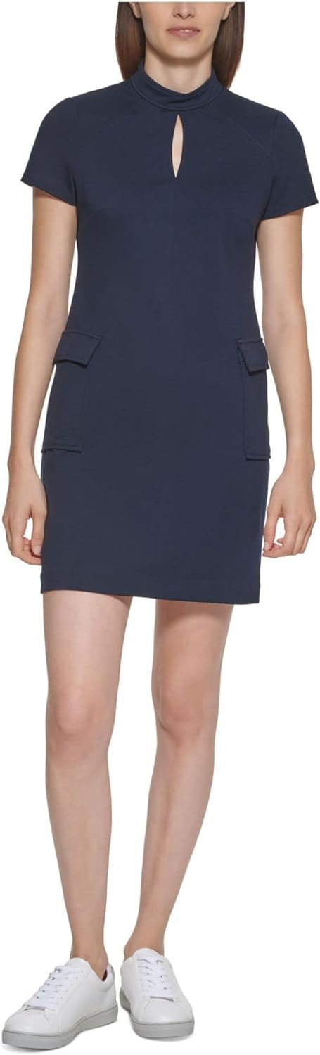 Calvin Klein Womens Navy Zippered Pocketed Keyhole Front Short Sleeve Mock Neck Short A-Line Dress Petites 2P