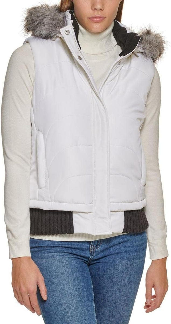 Calvin Klein Womens Quilted Faux Fur Vest White S